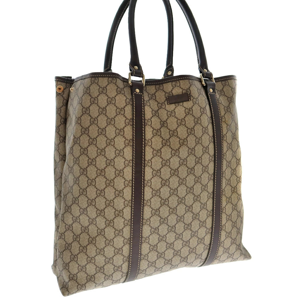 GUCCI Tote Bag Shoulder Handbag Leather GG Supreme Beige Brown Travel